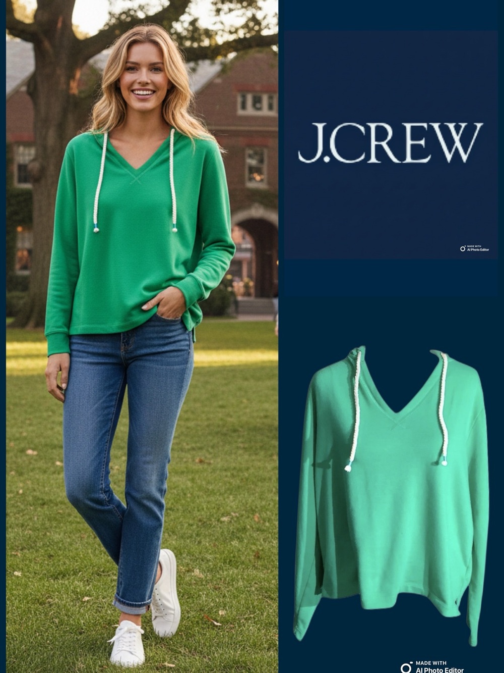 J. Crew Green V-Neck Hoodie with White Drawcords